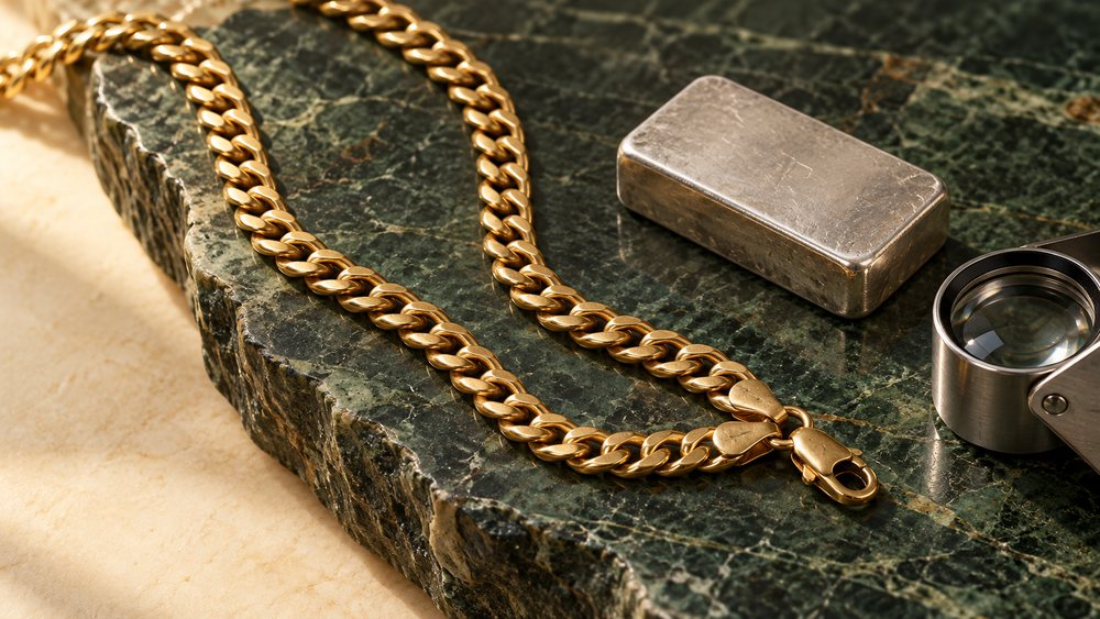A gold chain, silver bar and jeweler’s loupe on stone.